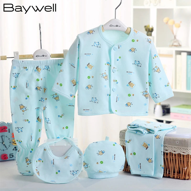 Baywell Infant Newborn Unisex Clothes 0-3 Months Baby Spring Autumn Print Cartoon Clothing Sets Tops Trousers Hat Bibs