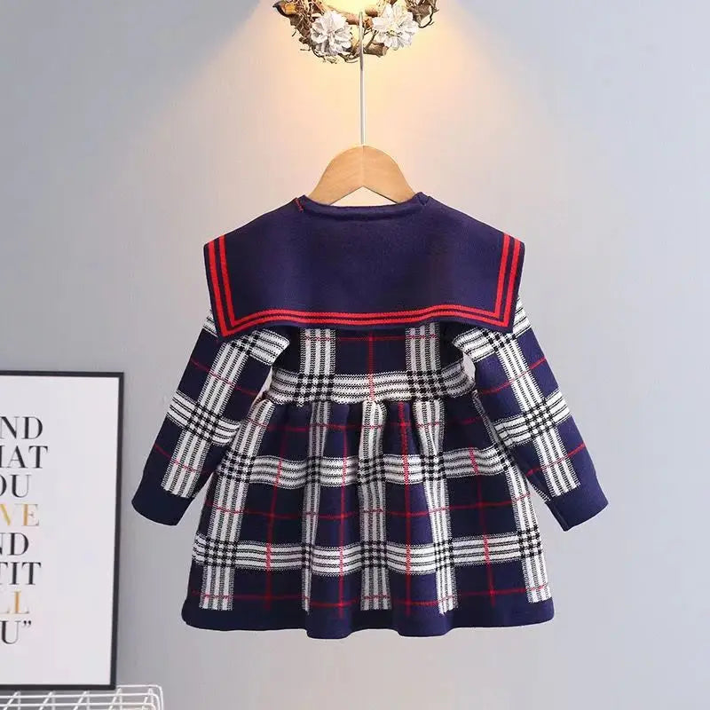 Toddler Girl Sweater Dress 2023 New Autumn Winter Warm 1-7Y Girls Plaid Knitted Sweater Dress Bow College Style Kids Clothes