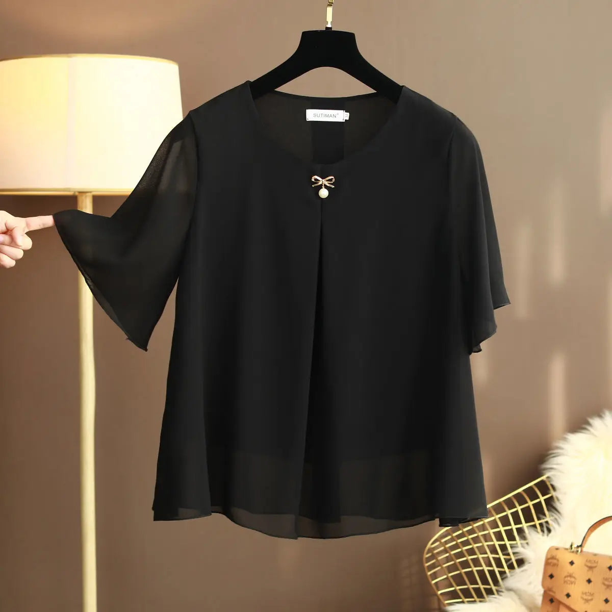 ARWEN AJH 2024 New Summer Obesity Women Chiffon Blouses Oversized 6XL  Short Sleeve Loose Solid O-neck Shirts Tops ARWEN AJH