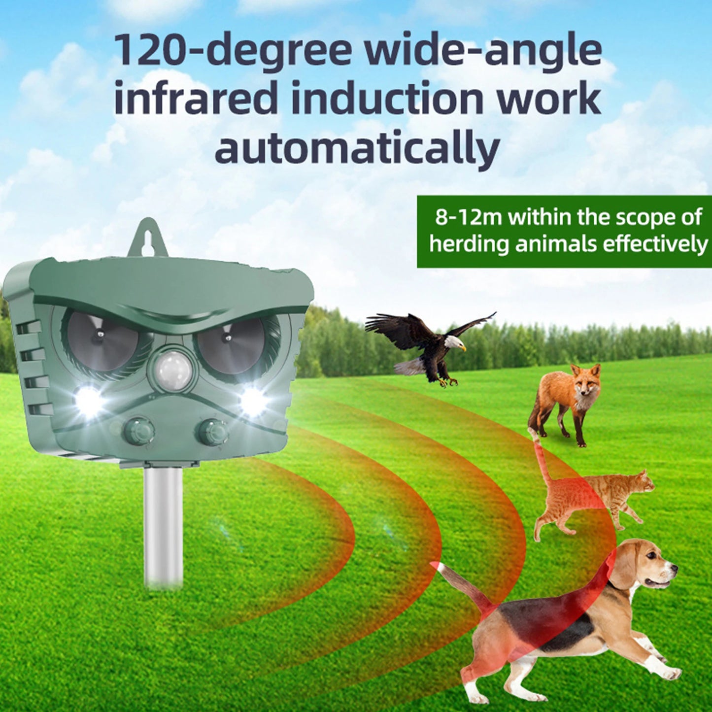 Ultrasonic Animal Repellant Outdoor Solar Cat Dog Repellant Waterproof Animal Deterrent for Orchard Greenhouse Farm Yard