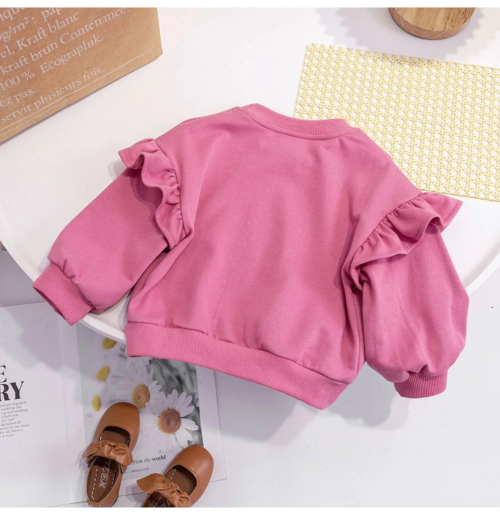 Cute Baby Girls Tops Sweatshirt Love Pattern Ruffles Long Sleeve O-Neck Pullover Kids Shirts Casual Loose Hoody Children Clothes