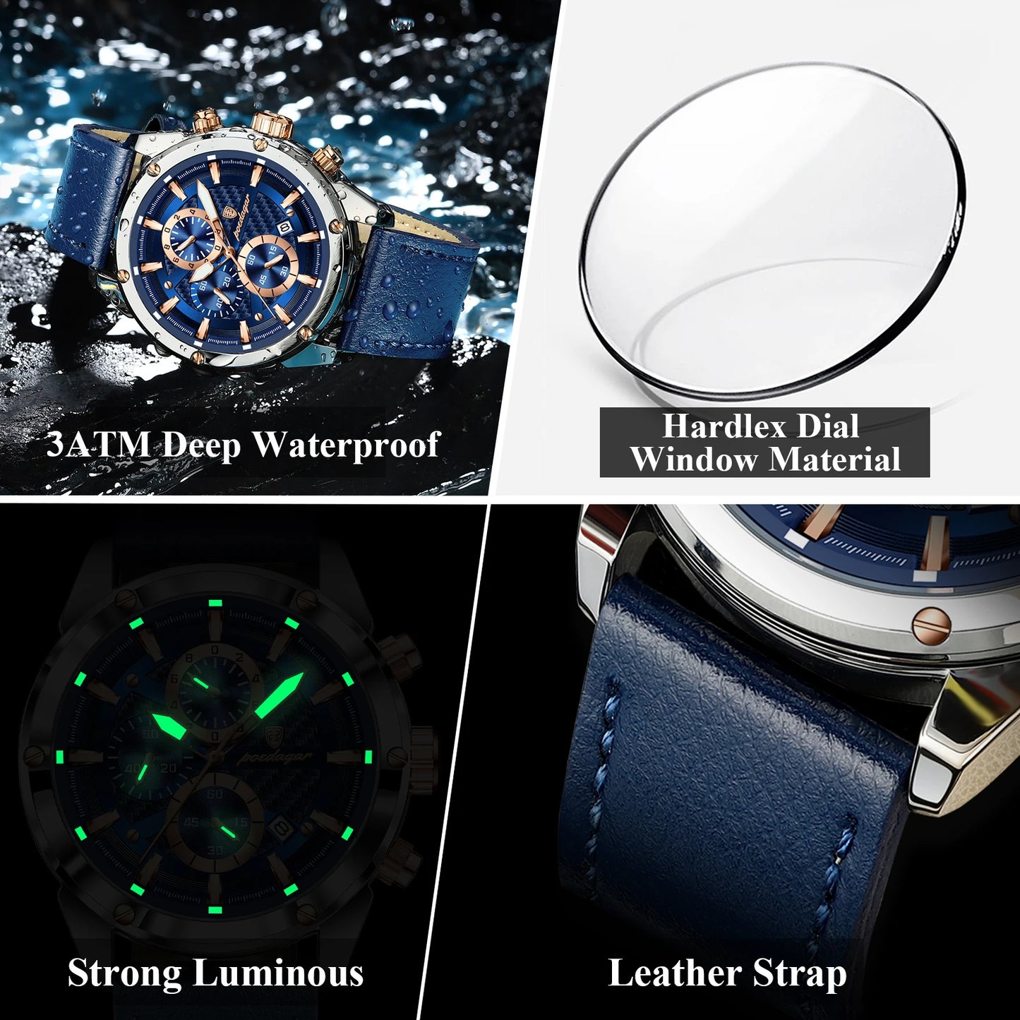 POEDAGAR Luxury Sports Man Wristwatch Military Quartz Men Watch Waterproof Luminous Chronograph Date Leather Men's Watches Reloj