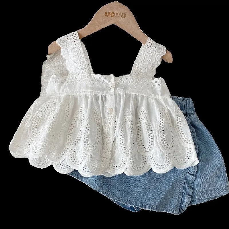 Girls Summer Suit White Suspender Top + Denim Shorts Two-piece Set Casual Simple Style Lace Loungewear Outfit