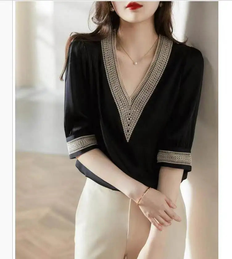 new summer 2022 black Chiffon Shirt V-neck short-sleeve embroidered silk shirt for women