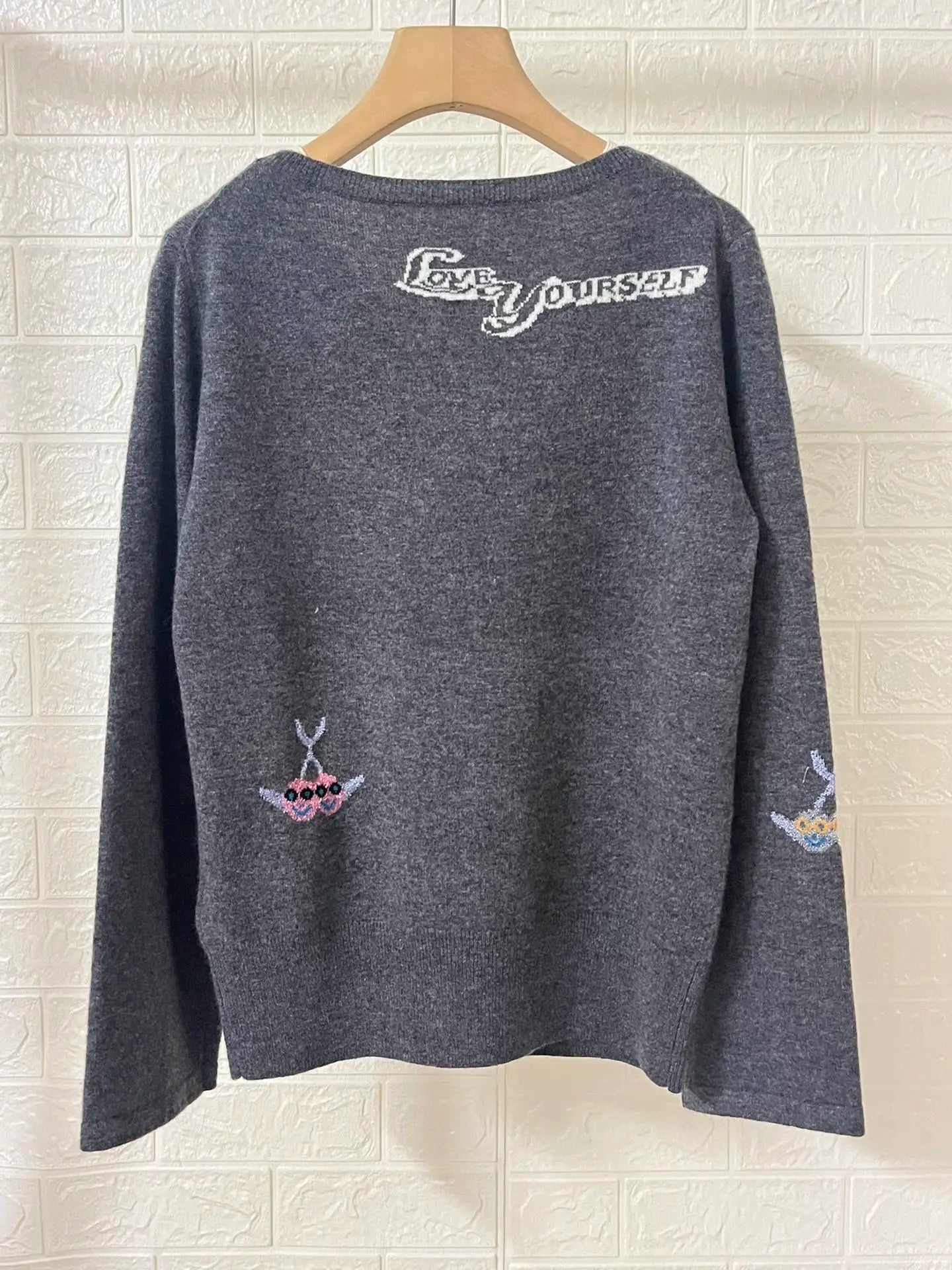 2 Colors Women Round Neck Sweater 100% Cashmere Long Sleeve Letter Printed Female Loose Pullover New 2024 Autumn Winter