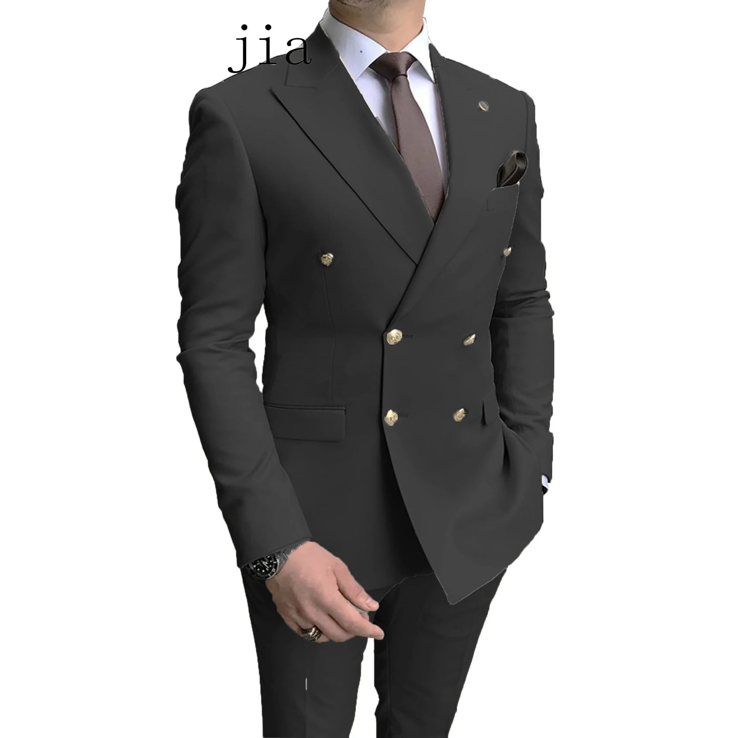 مجموعة اروين ARWEN GROUP AJH 2024  2024 Fashion New Men's Business Double Breasted Solid Color Suit Coat / Male Slim Wedding 2 Pieces Blazers Jacket Pants Trousers