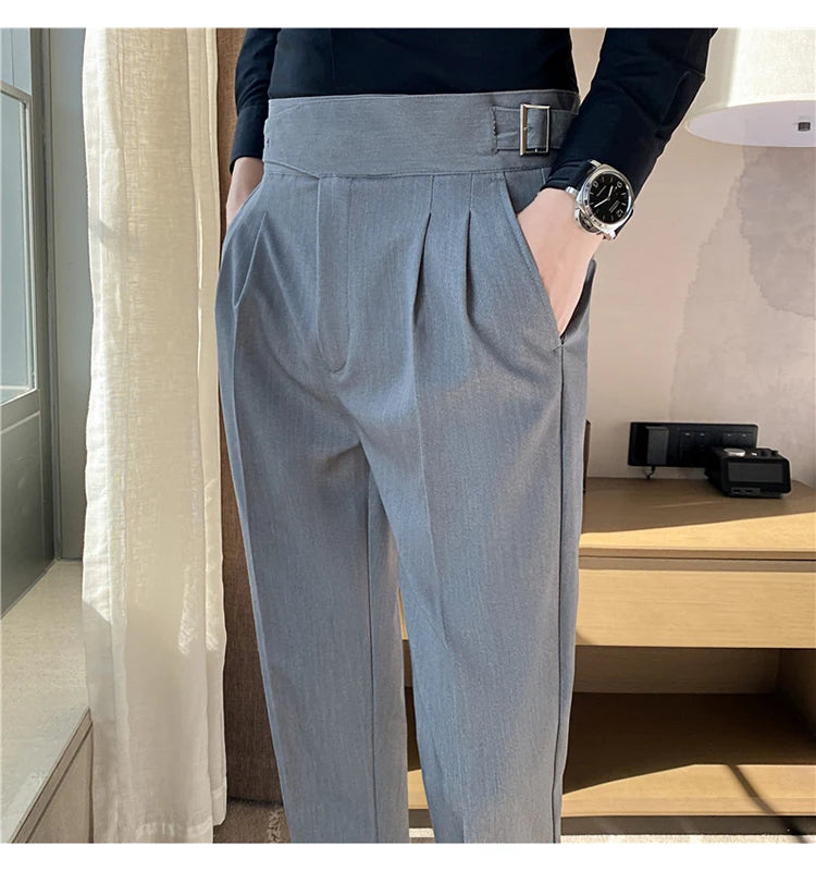 British Style Men High Waist Casual Dress Pant Men Belt Design Slim Trousers Formal Office Social Wedding Party Dress Suit Pants