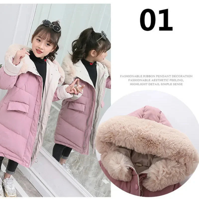 Children Winter Down Cotton Jacket 2024 New Fashion Girl Clothing Kids Clothes Thick Parka Fur Hooded Snowsuit Outerwear Coat