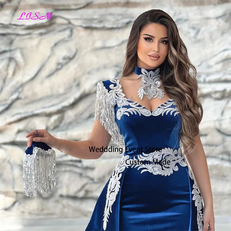 Moroccan Caftan Evening مجموعة أروين   Appliques Lace Cap Sleeve Royal Blue Mermaid Slit Velvet Arabic Prom Gowns Party Dress