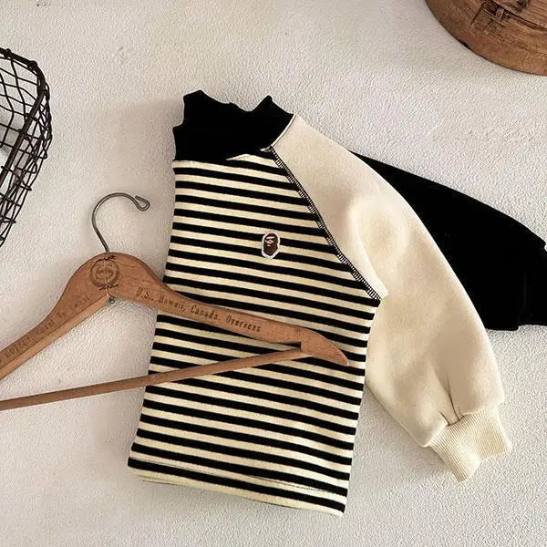 Autumn Winter Children Boy Striped Sweatshirt Cotton Spliced Long Sleeve Velvet Toddler Boy Pullovers Infant Baby Boy Undershirt