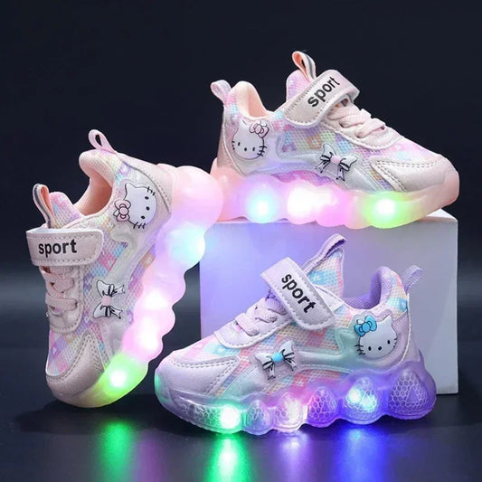 Cute Hello Kitty Casual Shoes for Baby Girl Children Led Light Sneakers Kids Shoes Toddler Walking Shoes Kids Anti-slip Shoes