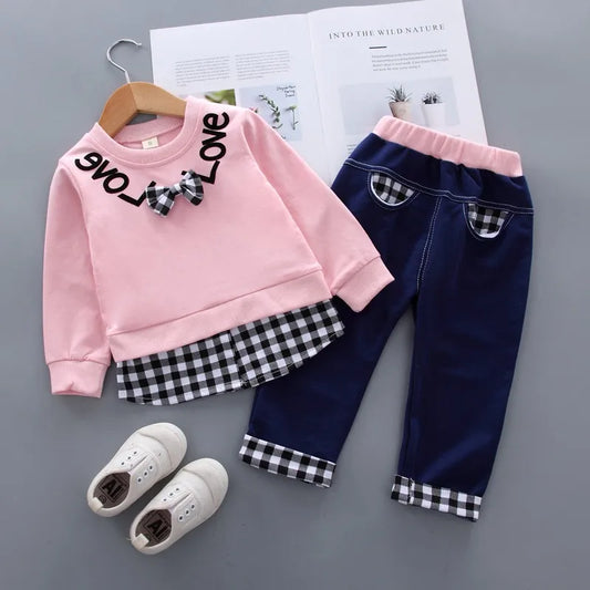 Autumn Girls Clothes Sets Children Long Sleeve Pullover+Pants 2Pcs Outfits Sweet Bowknot Sweater Denim Trousers Loungewear