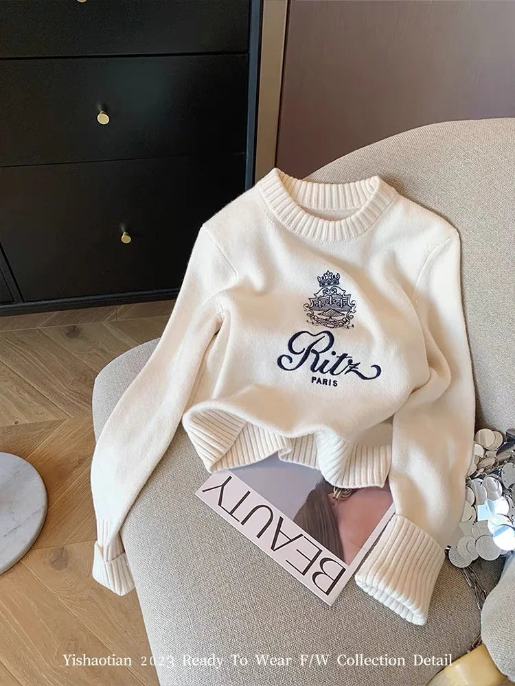 Letters Embroidery Round Neck Pullover Sweater For Women Autumn Spring 2024 Casual Loose Knitted Tops Streetwear F447