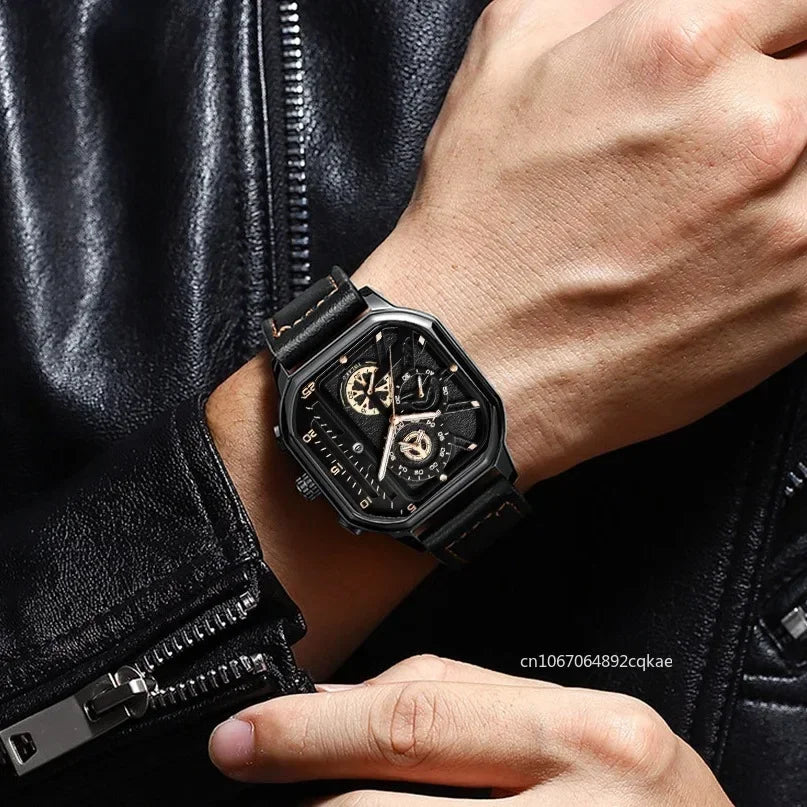 Men Quartz Watches Alloy Dial Business Men Watch PU Leather Strap Big Dial Square Sports Watch Cool Black Wristwatch for Man