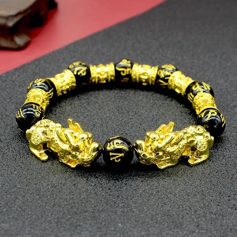 2PCS Feng Shui Black Obsidian Wealth Bracelets for Women Men Obsidian Stone Beads  Character Bracelet Lucky Jewelry