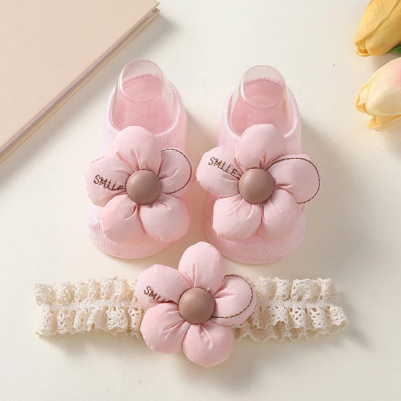 2 Pcs/Set Baby Girls Headband Socks Set Newborn Girls Cute Flowers Toddler Princess Sock Autumn Infant Hair Accessories