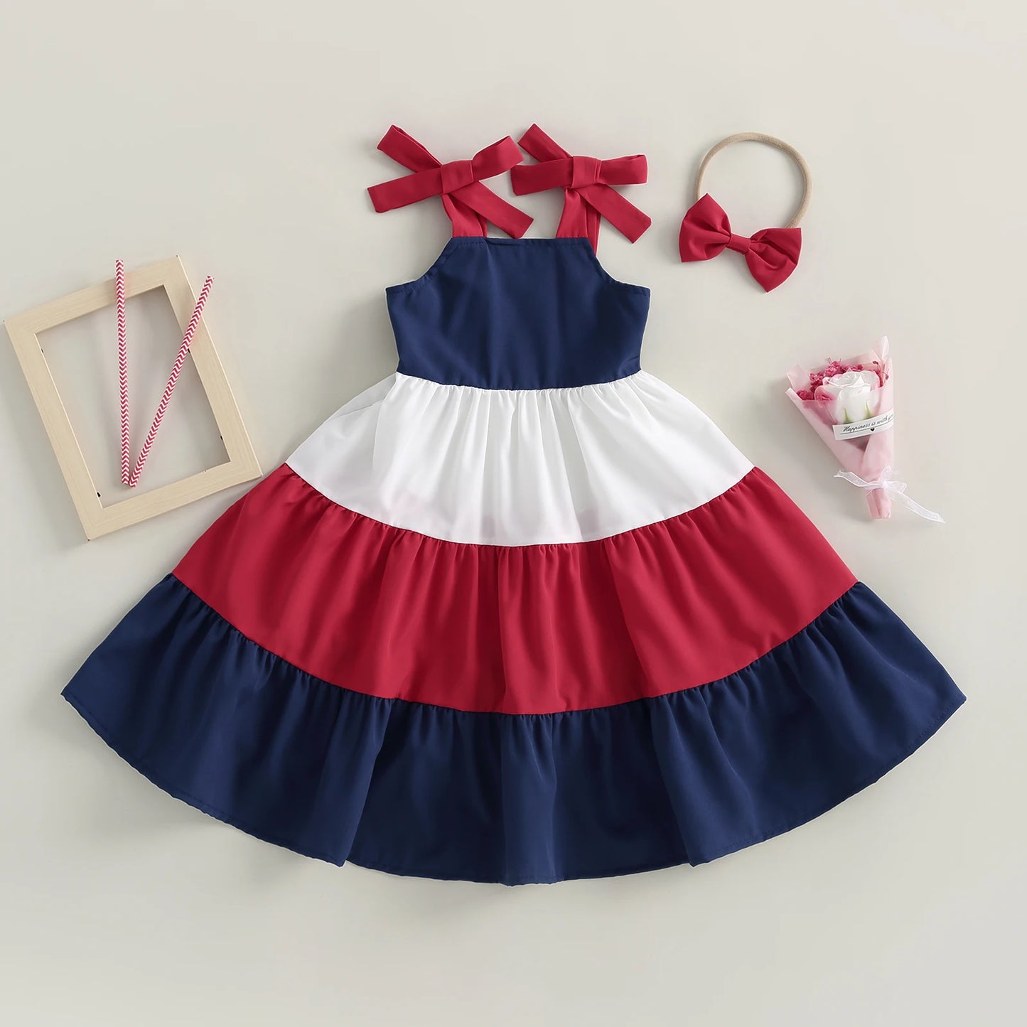 3 Colors Summer Fashion Kids Girls Dress Color Match Tie-Up Shoulder Straps Sling Ruffles Sundress Headband