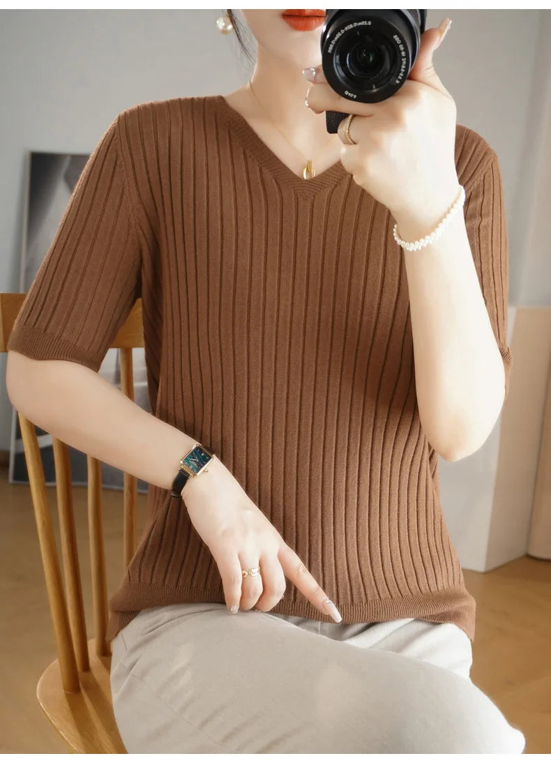 2024 new Women's Clothing Pullovers Sweaters Spring Summer New V-neck Short sleeved Knitted Shirt Base Shirt Solid Color Jumpers