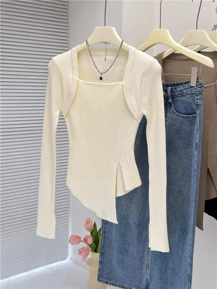 ARWEN AJH  White Side Split Knitted Women's Sweater Square Collar Long Sleeve Sweaters Female 2024 Spring Fashion New Clothes C-040