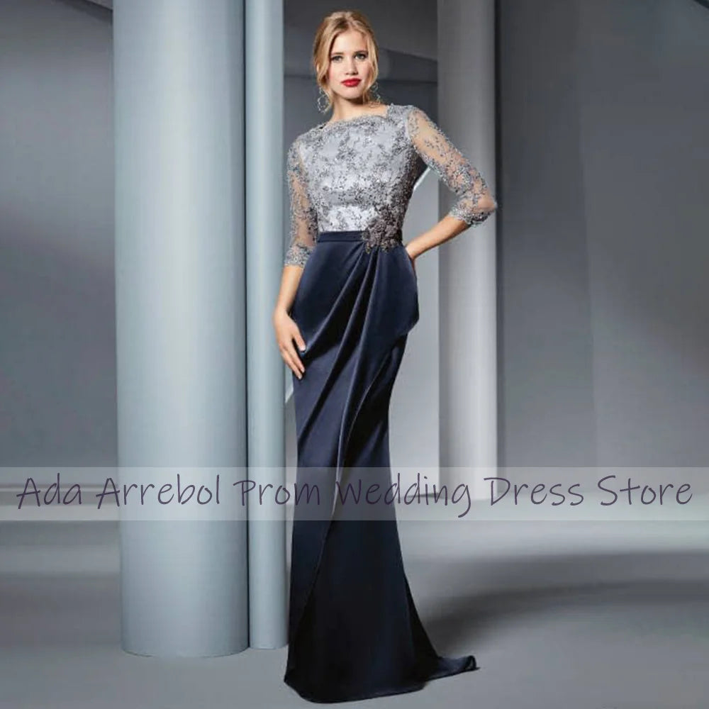 Elegant Mother of the Groom Dresses Mermaid 3/4 Sleeves Formal Evening Gowns Long Beaded Applique Belt Women's Party Dress Satin