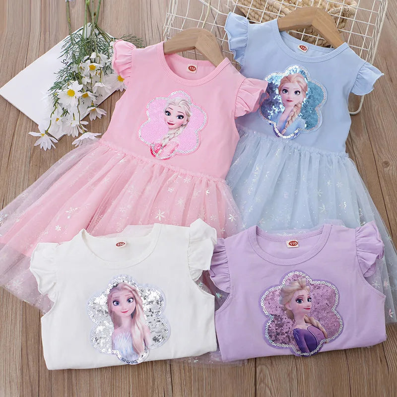 Girls Clothes 2024 New Summer Princess Dresses Flying Sleeve Kids Dress Frozen Elsa Party Baby Dresses for Children Clothing