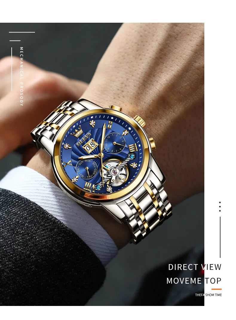 OLEVS 9910 Automatic Mechanical Watch for Men Luxury Skeleton Men's Wristwatches Stainless Steel Waterproof Original Man Watch