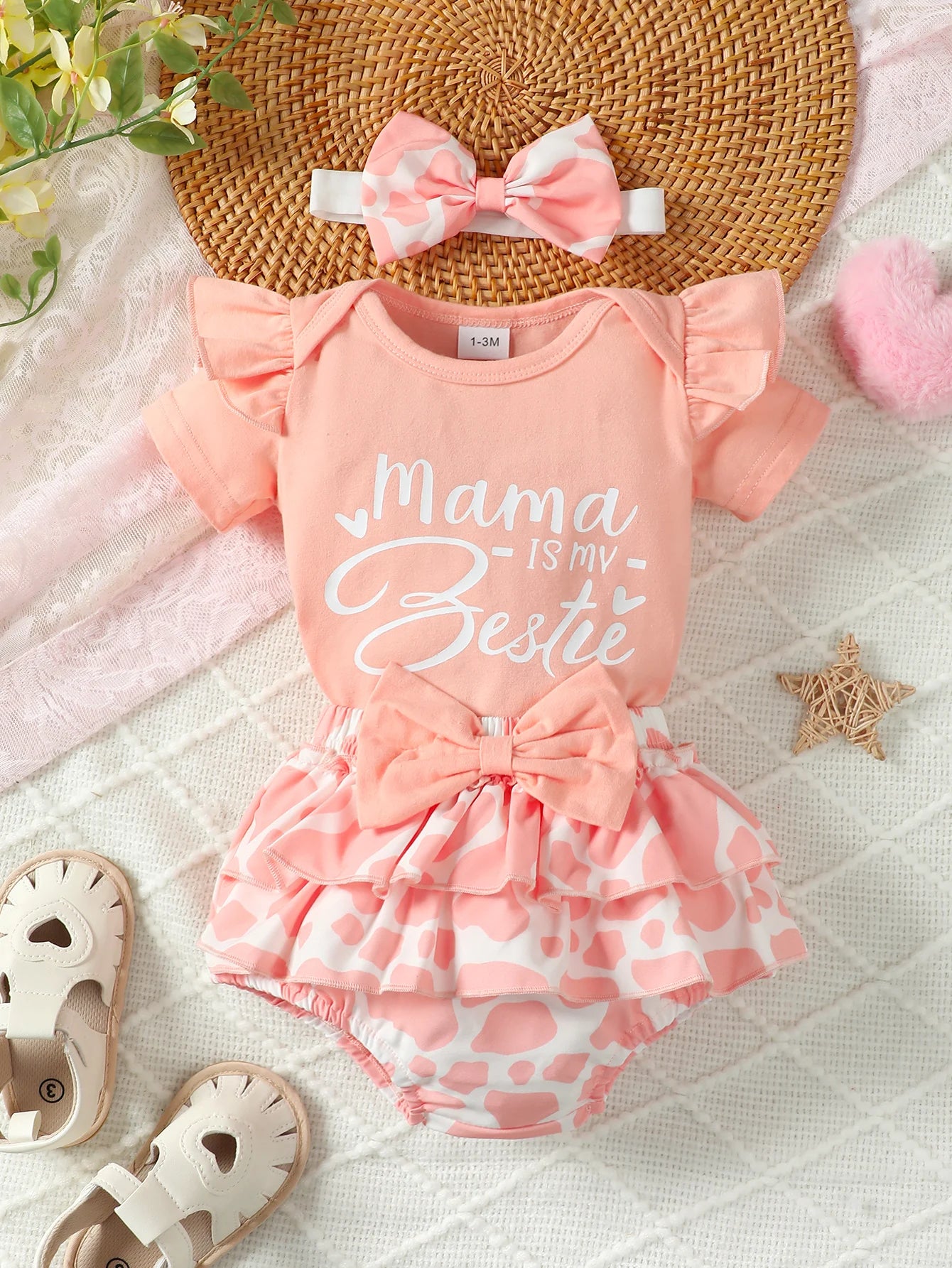 Fashion Summer Newborn Baby Girl Clothes Set Short Sleeve Ruffle Edge Jumpsuit Tops Floral Print Shorts Headband 3Pcs Outfits