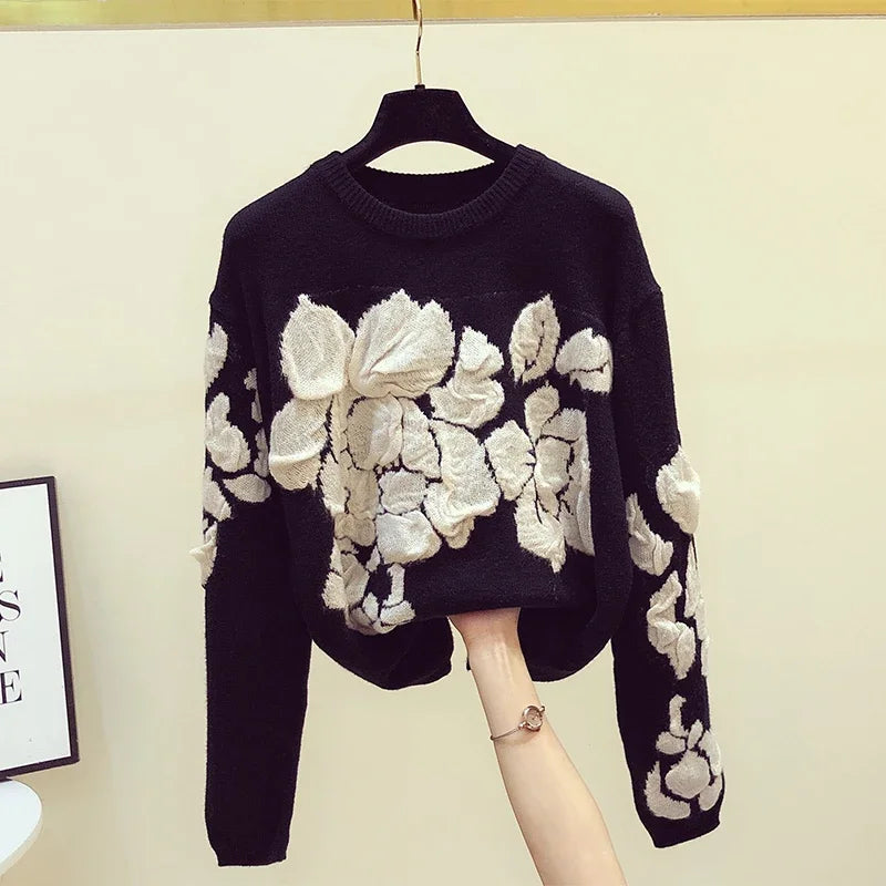 2024 Spring Embroidery Floral O-neck Sweater Pullovers Women Modis Vintage Long Sleeve Knitted Pullover Loose Black Tops