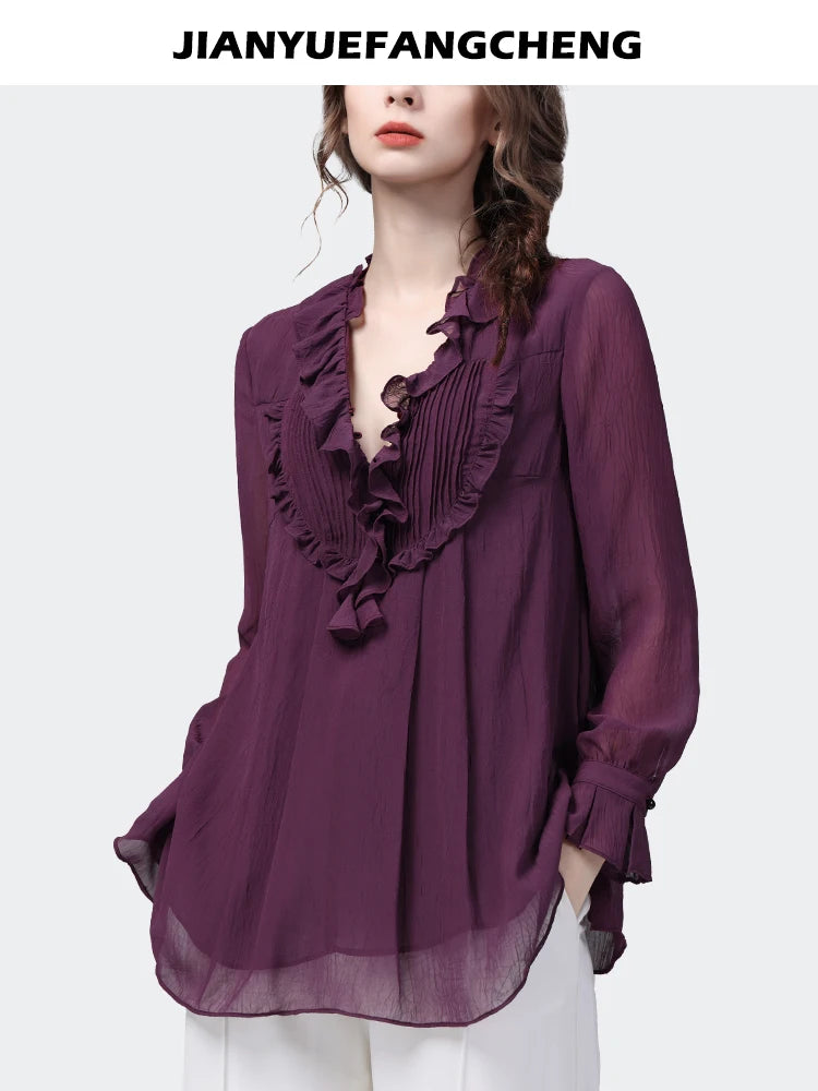 Loose-fitting Purple Ruffles Chiffon Blouse Women' 2024 Spring Summer Tops Long Sleeve V-Neck Fashion Casual Office Lady Blous