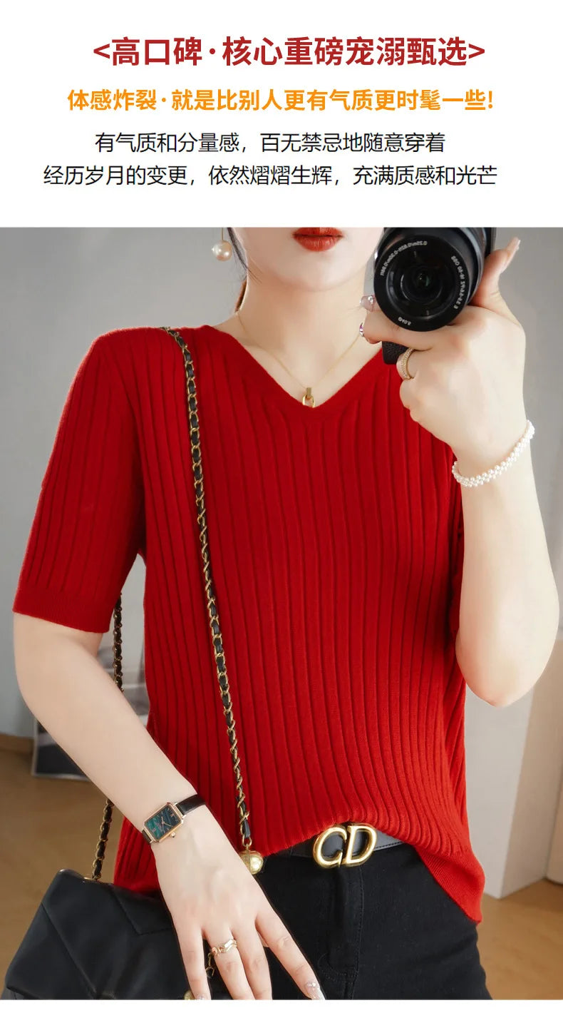 2024 new Women's Clothing Pullovers Sweaters Spring Summer New V-neck Short sleeved Knitted Shirt Base Shirt Solid Color Jumpers