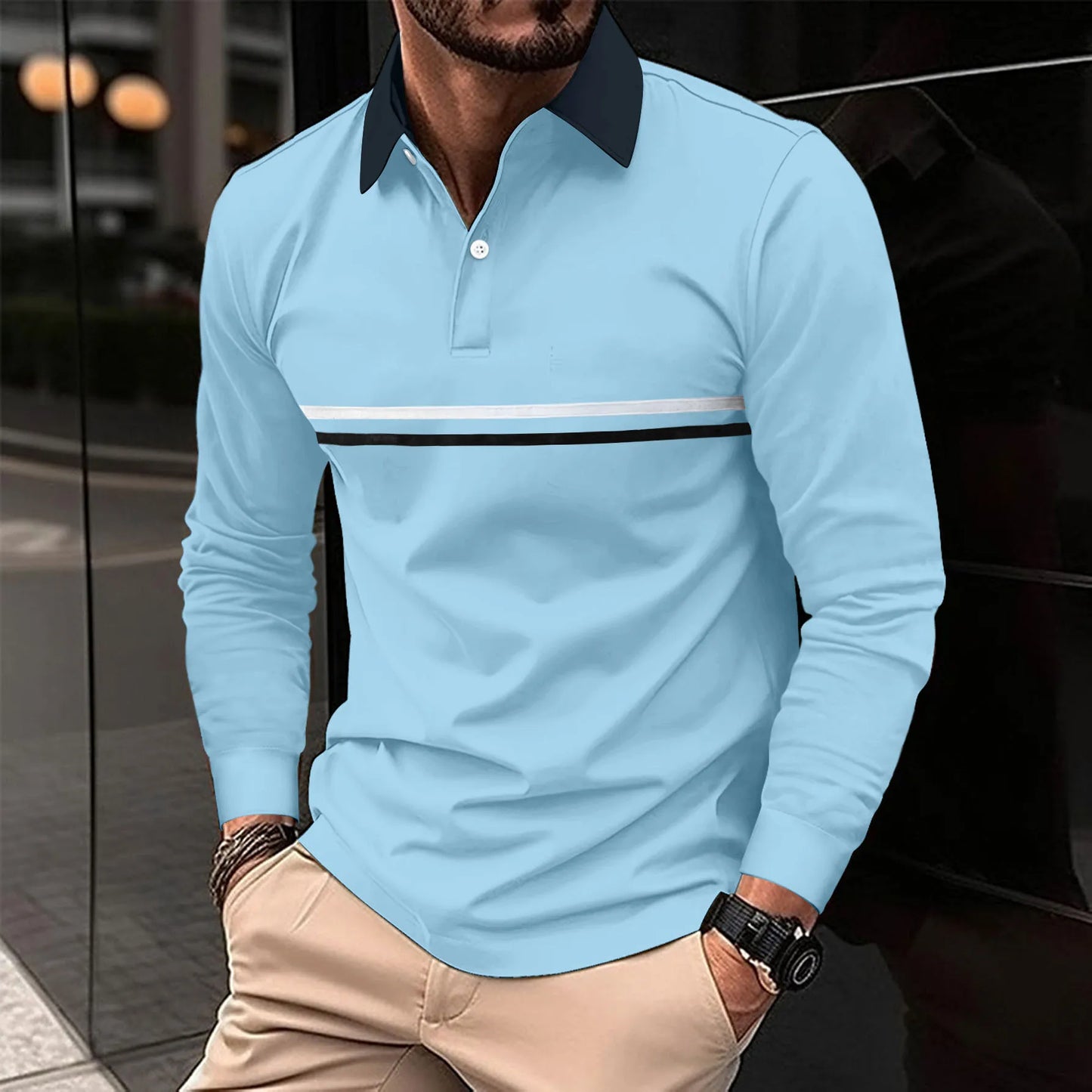 2024 New striped Spring and autumn POLO shirt button-down long sleeve men's sports polo shirt