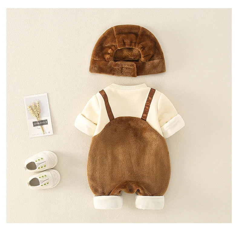 Winter Newborn Baby Clothes Plush Warm Strap jumpsuits Cute Bear Baby Girls Boys Romper Korean Style Long-sleeved Toddler Sets