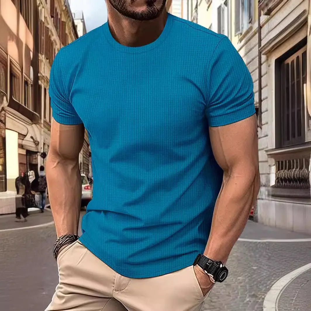 New summer men's fashion high-end mesh ice silk short-sleeved T-shirt crewneck trend casual solid color nylon slip men's T-shirt