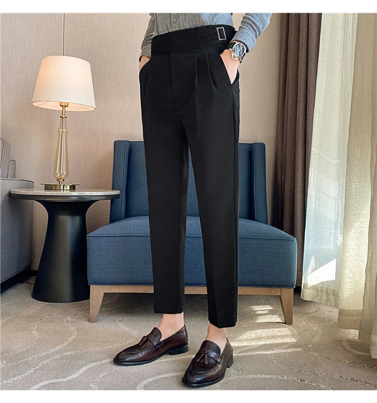 British Style Men High Waist Casual Dress Pant Men Belt Design Slim Trousers Formal Office Social Wedding Party Dress Suit Pants