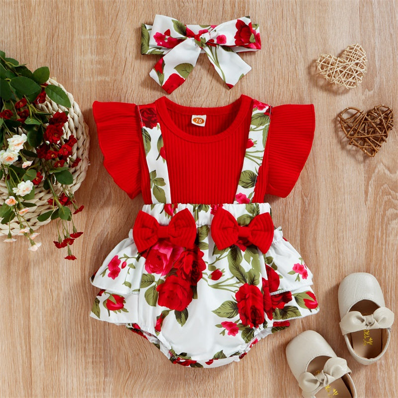 2pcs Infant Baby Girls Romper Dress Patchwork Flower Print Lace Sleeveless/Long Sleeve Crew Neck Front Bowknot Jumpsuit Headband