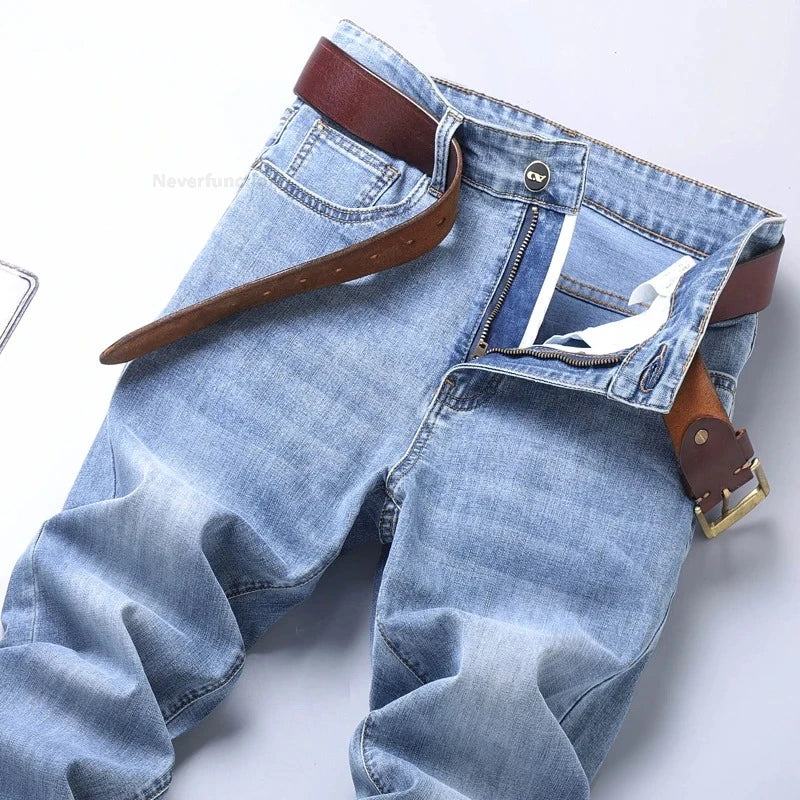 New in Men's Straight Jeans Summer Thin Casual Stretch Fashion Business Casual Denim Pants Straight Classic Male Trousers