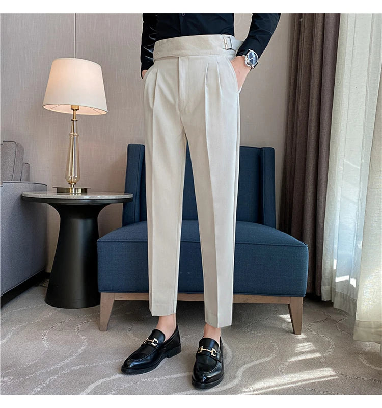 British Style Men High Waist Casual Dress Pant Men Belt Design Slim Trousers Formal Office Social Wedding Party Dress Suit Pants