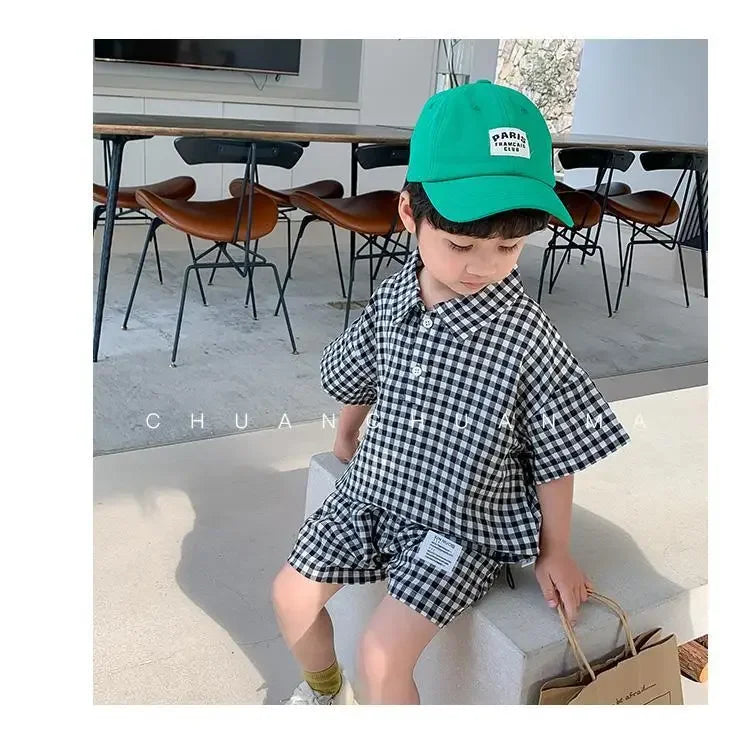 Children Clothing 2023 New Fashionable Boys Clothes Set Spring Summer Kids Sports Style Short Sleeves Plaid Shorts Two Piece Set