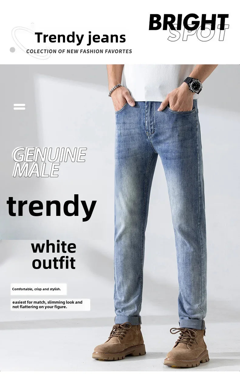 Trendy Casual Men's Denim Trousers High End Thin Cutting Edge Style Slim Fit Stretchy Regular Fit Small Straight Leg