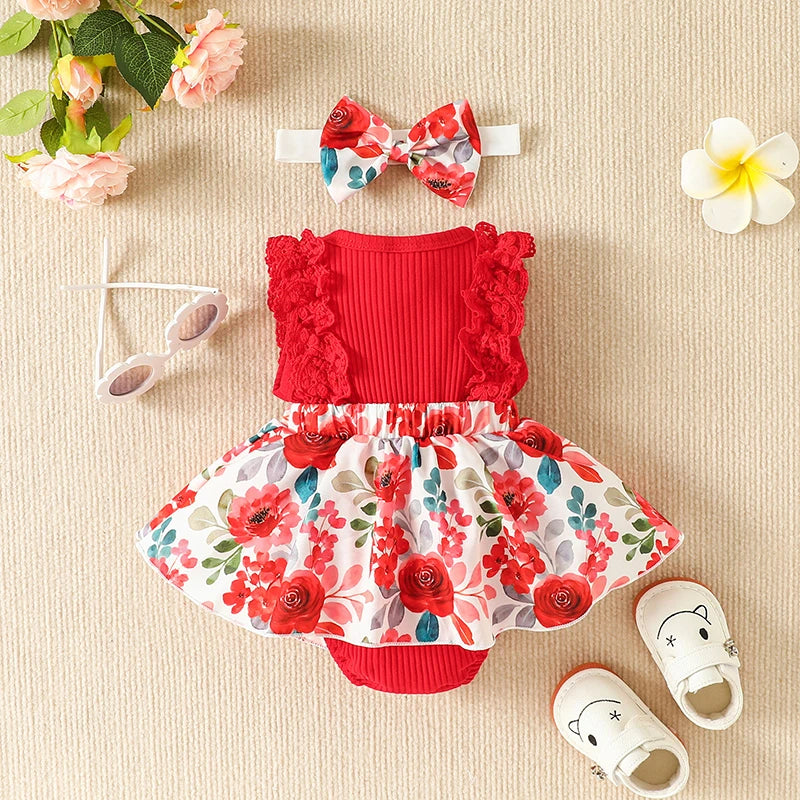 2pcs Infant Baby Girls Romper Dress Patchwork Flower Print Lace Sleeveless/Long Sleeve Crew Neck Front Bowknot Jumpsuit Headband