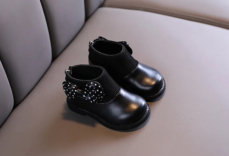 Children's Cotton Boots Winter New Kids Shoes Bow Girls Soft Bottom PU Leather Boots Baby Side Zipper Design Boots Toddler Shoes