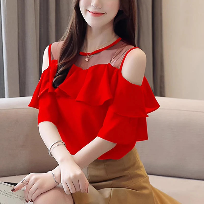 Summer Women Blouses 2024 White Women's Shirts Office Lady Clothes Short Sleeve Chiffon Blouse Woman Off Shoulder Tops 4206