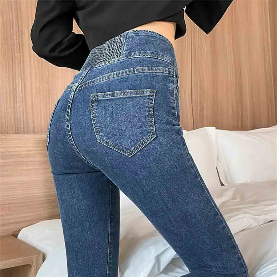 Casual High Waist Skinny Jeans Women Korean Button Pencil Ankle-Length Denim Pants 2024 Spring Stretch Cowboy Leggings