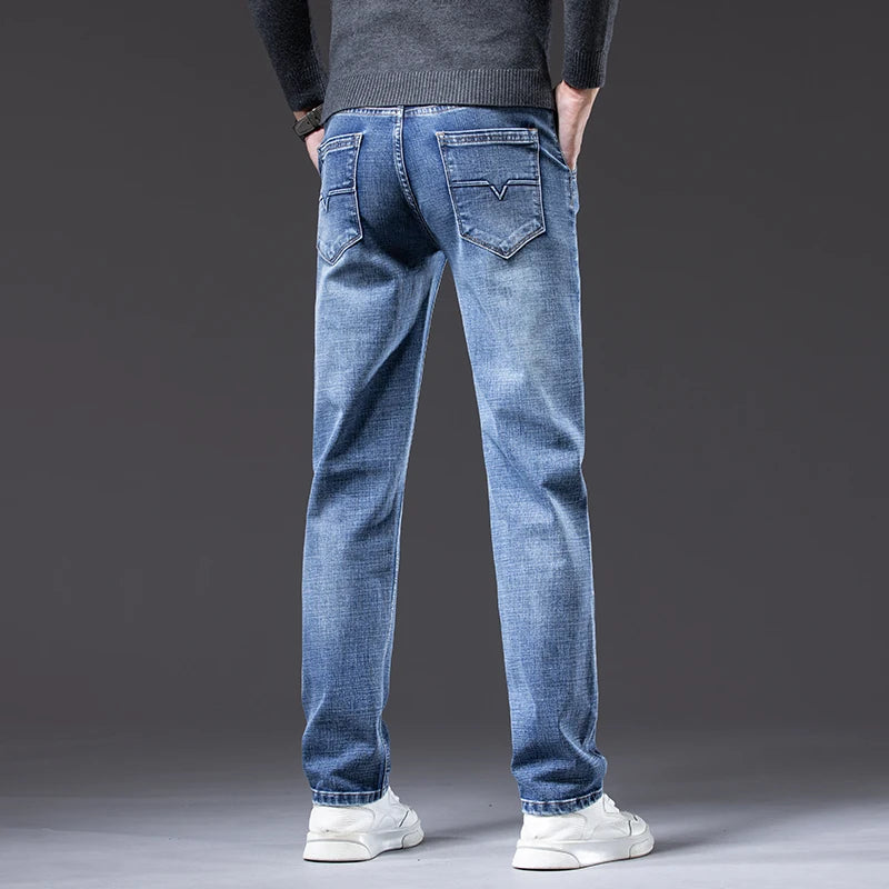 2023 Autumn New Men Regular Fit Stretch Jeans Classic Style Smoky Gray Fashion Casual Denim Pants Male Brand Trousers Blue