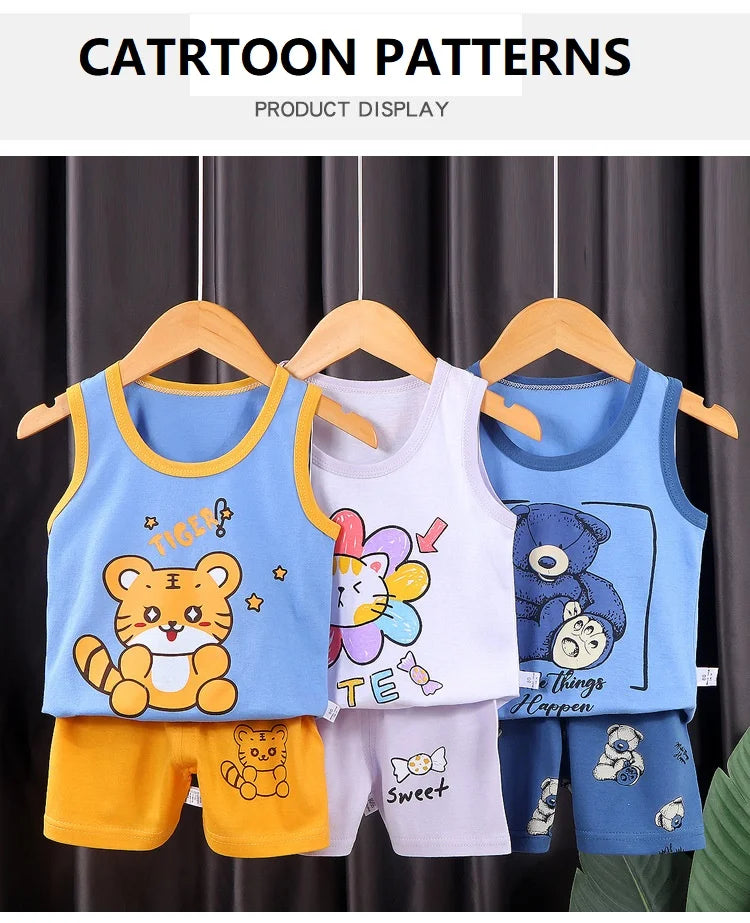 2PCS Children Clothing Vest Suit Children's Sets Summer Cotton T-Shirts Shorts Boys Girls Sleeveless Kids Clothes for baby