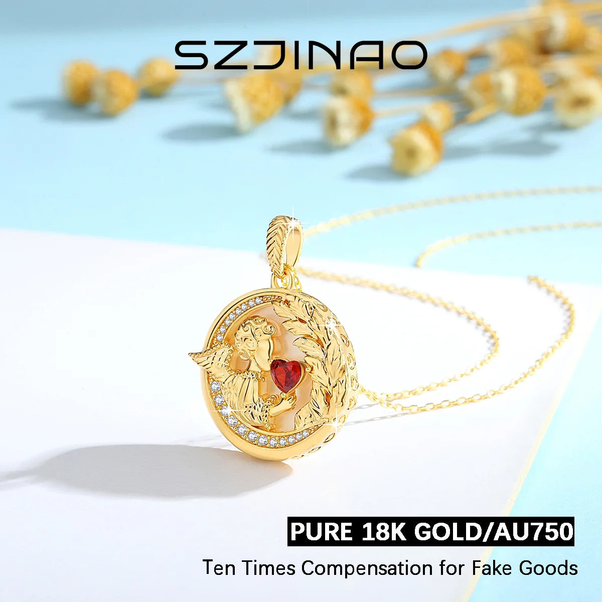 100% Genuine 18k Gold Angel Necklaces Pendant Au750 Heart Shaped Round Angel Pendant Pendants for Woman Jewelry with Certificate