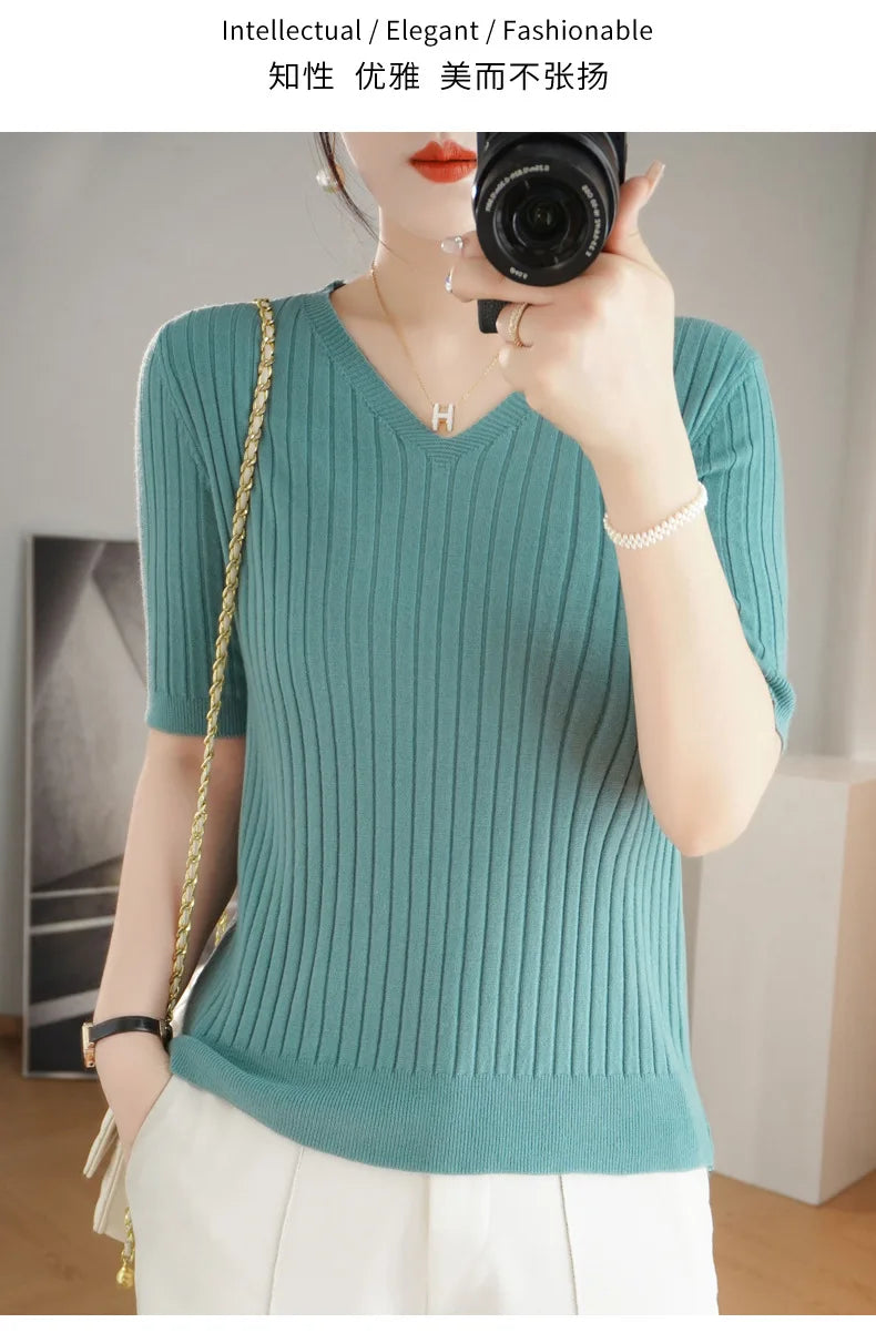 2024 new Women's Clothing Pullovers Sweaters Spring Summer New V-neck Short sleeved Knitted Shirt Base Shirt Solid Color Jumpers