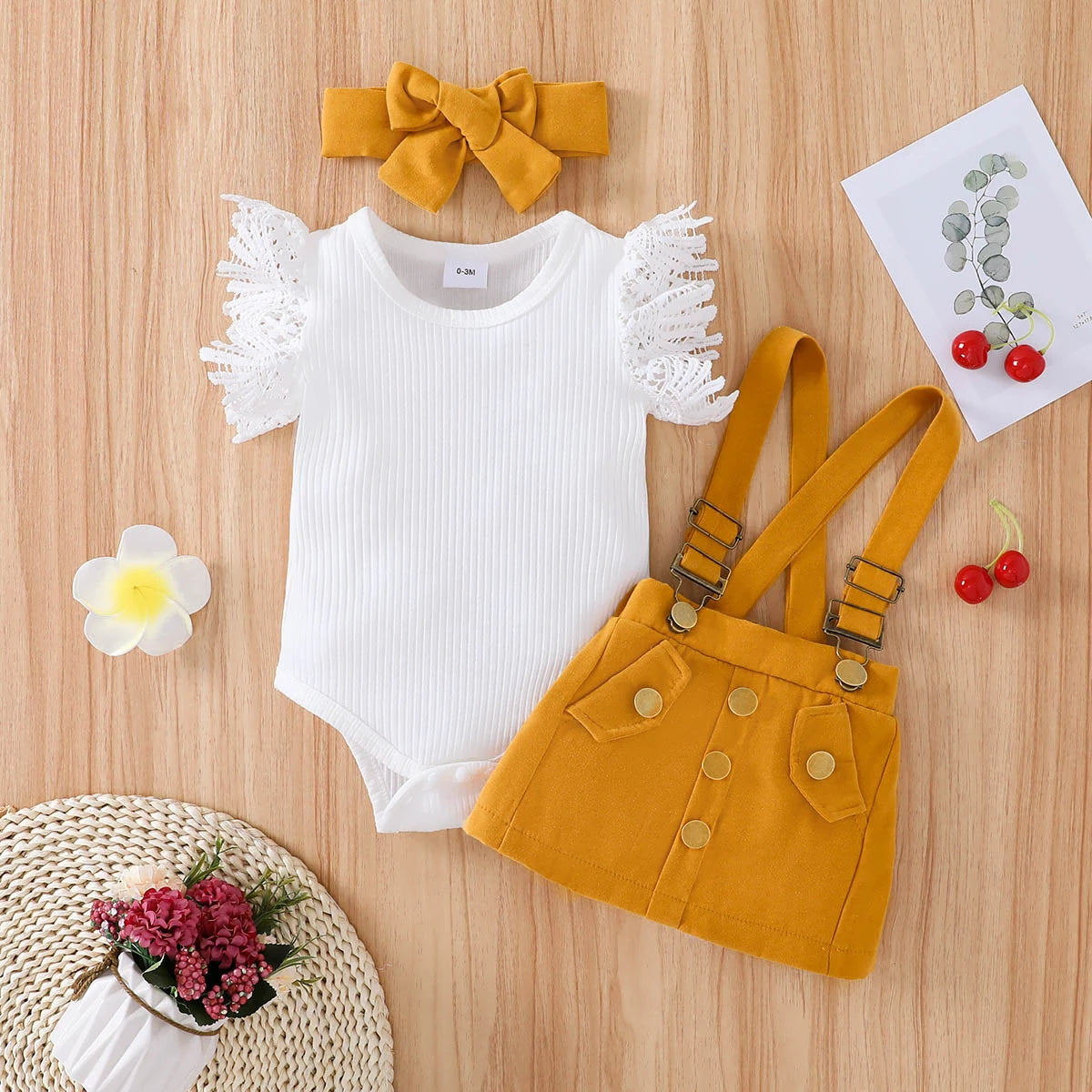 PatPat 3pcs Baby Girl Lace Flutter-sleeve Ribbed Romper and Suspender Skirt with Headband Set