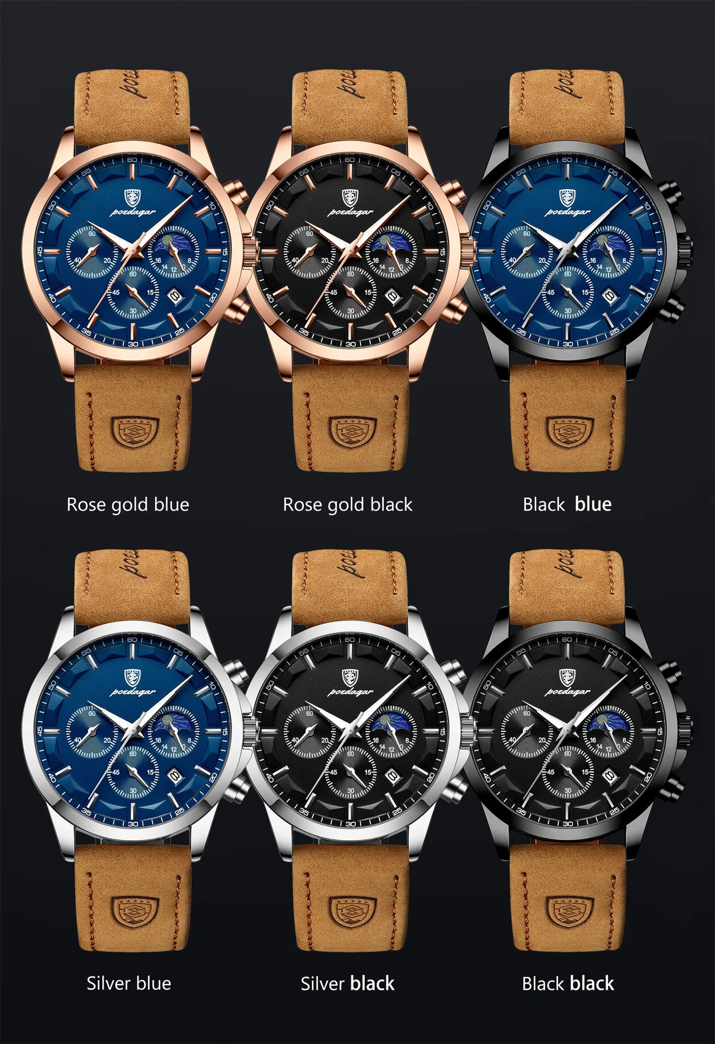 POEDAGAR Men Quartz Watch Luxury Sports Waterproof Chronograph Luminous Date Man Wristwatch Business Leather Men's Watches Clock