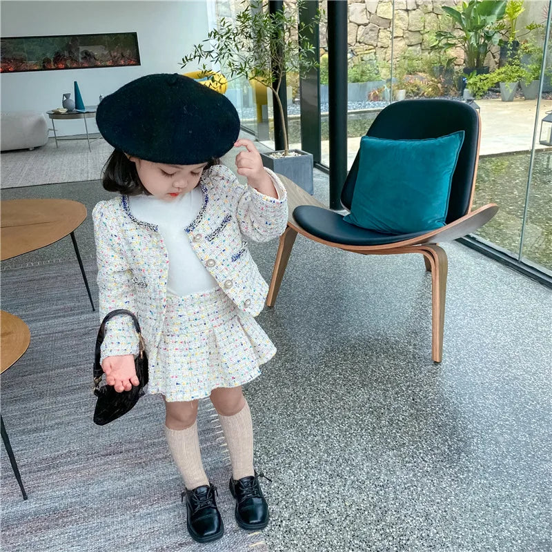 3308E Girls' Clothing Set Sweet Suit 2022 Autumn New Little Fragrant Wind Girl Two Piece Suit Knitted Coat+ Pleated Skirt